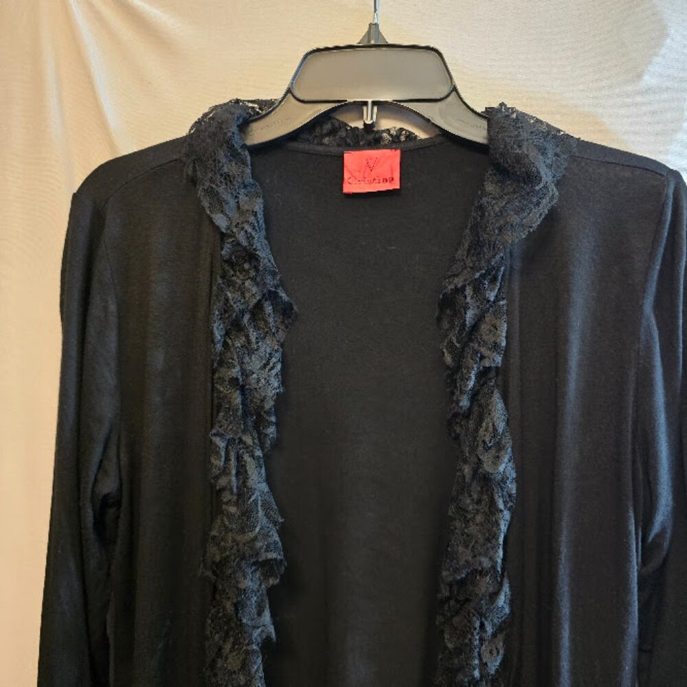 V CRISTINA BLACK OPEN RUFFLE CARDIGAN SWEATER SIZE LARGE LIGHTWEIGHT - Picture 4 of 10